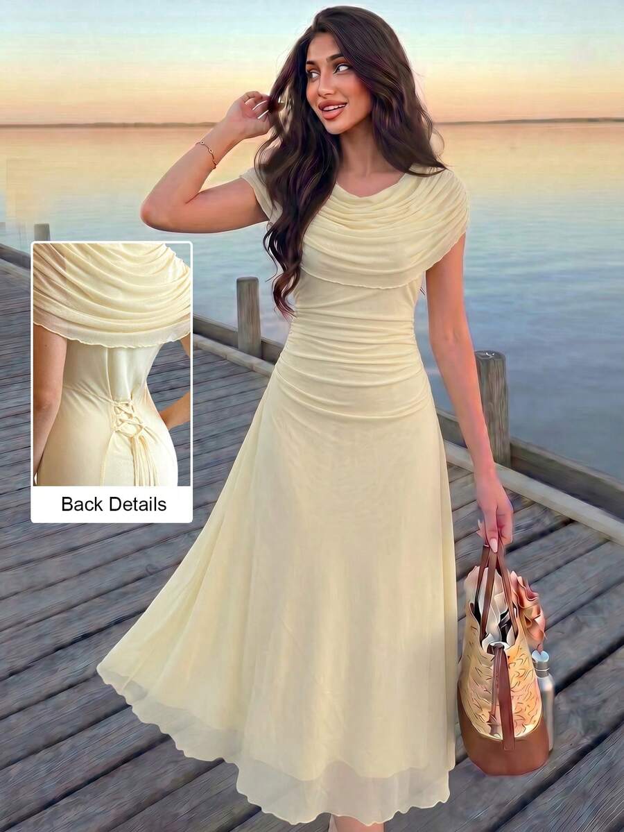 Modelyn Đầm maxi thanh lịch màu vàng nhạt bằng vải chiffon, kiểu Pháp, xếp ly phía sau, buộc dây, thích hợp cho đám cưới của phụ nữ. - Vàng nhạt - Xem 1