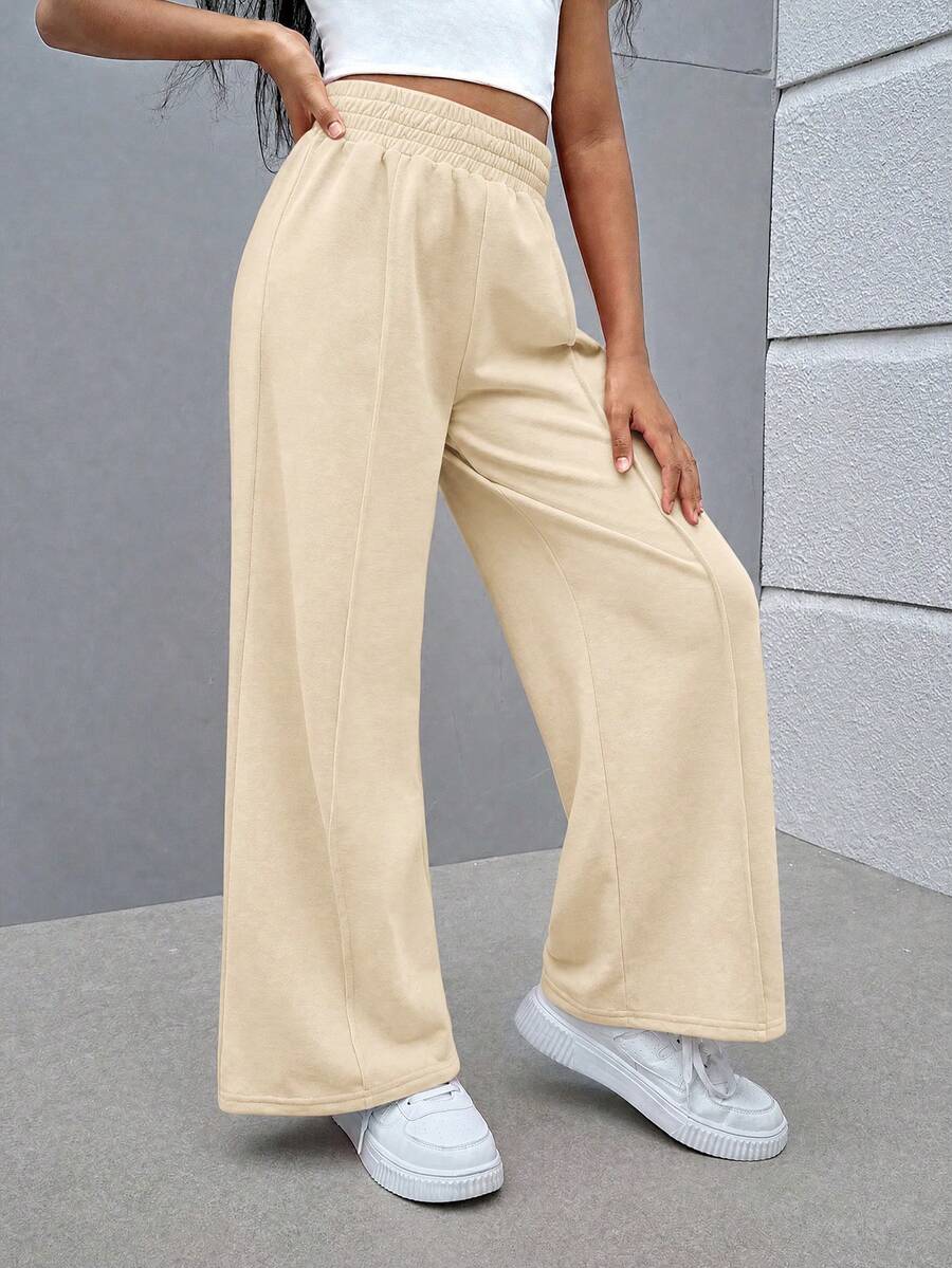 SHEIN Tween Girl Street Style Mix & Match Knit Solid Color Straight Leg Pants - Apricot - View 1