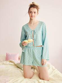 Nora Wilde Eraneu/2pcs Fresh Daisy Print Tie-Up Long Sleeve + Shorts Home Pajama Set Women's Pajama Set - Blue - View 5