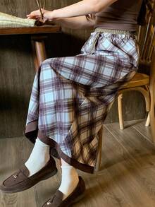 DAZY Women's Plaid Drawstring Waist Casual Versatile Daily Outing Skirt Fall - Coffee Brown - View 4