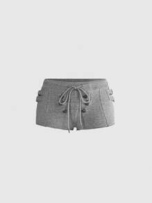 ROMWE Grunge Punk Pantaloncini casual da donna con design ricamato con slogan e vita con coulisse - Grigio - Visualizzare 1