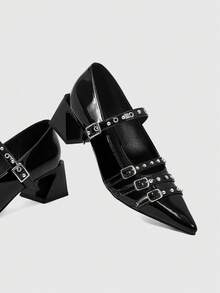 ROMWE Grunge Punk Elegant Pointed Toe Chunky Heel Lacquer Leather Pumps For Christmas Y2K 2000s Style - Woohoo - View 3