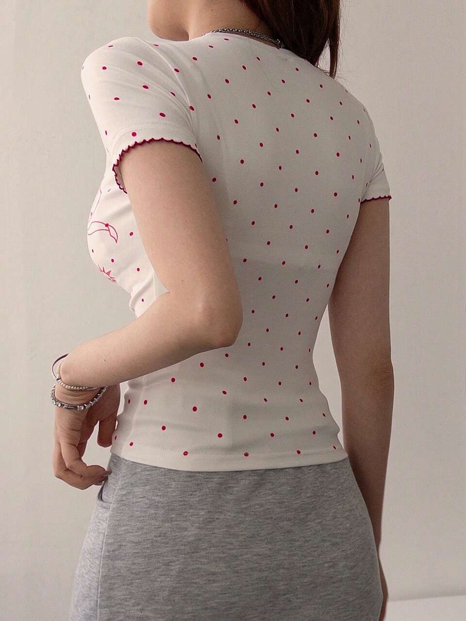 Women's Polka Dot Round Neck Letter Print Slim Fit Versatile Daily Casual Short Sleeve T-Shirt Summer Graphic Tees