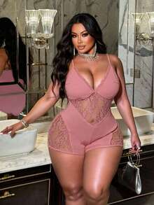 NU&NOW Plus Size Women Deep V Neck Spaghetti Strap Romper - Dusty Pink - View 6