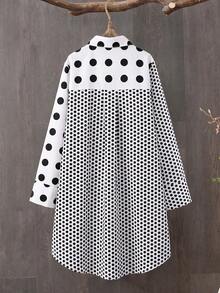 SHEIN Plus Size Women's Casual Loose Fit Large & Small Polka Dot Patchwork Design Asymmetrical Hem Long Sleeve Shirt - Black and White - View 2