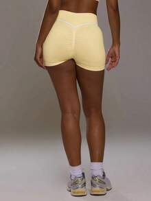 Musera Sport Contrast Colour Stripe High Waist Ruched Scrunch Bum Fitted Active Shorts Sport Workout Gym Cute Pilates Fitness Daily - Butter Yellow - View 5