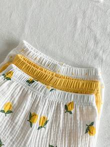 SHEIN Vintaside Kids 女嬰 6件/3套田園休閒風檸檬波點圖案荷葉邊飛袖圓領上衣與配套印花短褲多件套裝，適合日常穿著、外出與度假 - 彩色 - 查看 6