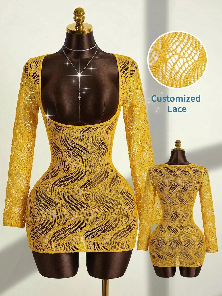 Zestiva 26SS Women's Sexy Fitted Hollow Design Ultra Low Cut Scoop Neck Cover Up Club Night Butter Yellow Summer - Yellow - View 1