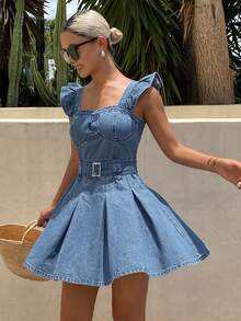 DAZY Women's Sweetheart Neckline Flutter Sleeve Pleated Hem Denim Dress Vacation - Blue - View 5