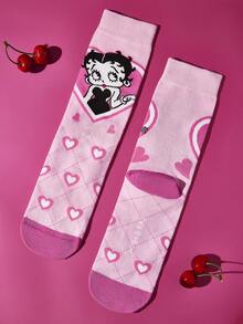 Betty Boop x SHEIN 2雙女款可愛卡通角色圖案中筒襪，禮物，XOXO，親吻，愛，禮物靈感，派對，節日，情人節 - 彩色 - 查看 8