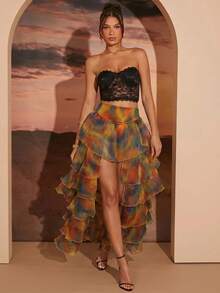 Hauture Women's High Waist Tie-Dye Multi-Layer Ruffle Fashion Skirt - Multicolor - View 7