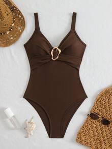 Swim Chiccia Baju Renang Terusan Bergaris dengan Detail Silang di Dada, Terbuat dari Kain Khusus - Coffee Brown - View 6