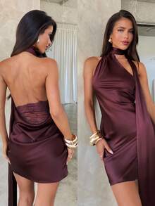 Aloruh Women's Elegant Summer Party Mini Dress,Dark Purple Lace Patchwork Halter Backless Evening Formal Wedding Guest Dresses For Women - Brown - View 3
