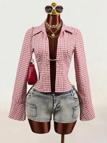 Mistrie Pure Cotton Button-Down Long-Sleeved Polo Shirt With Hollowed-Out Design And Fringed Sleeves In Pink Plaid Check Pattern. 2000s Y2k Night Out Autumn - Red - View 3