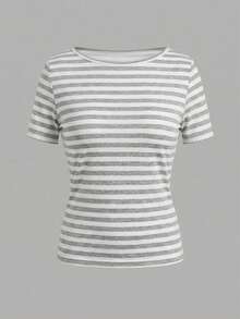 Tseoso 95%Cotton Women's Retro Gray/White Striped Short-Sleeve Tee - Summer Streetwear, Soft Girl - Multicolor - View 3
