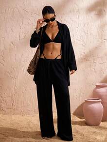 Swim Chiccia 女款度假沙灘寬鬆輕盈透視和服風罩衫 - 黑色 - 查看 4