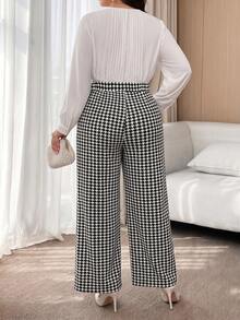 Modelyn Plus Size Women's High Waist Metal Button Design Houndstooth Wide Leg Pants Fall - Black and White - View 3