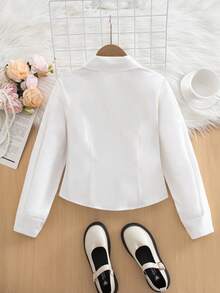SHEIN Tween女孩返校季百搭百搭白色襯衫，可休閒或正式穿著 - 白色 - 查看 4