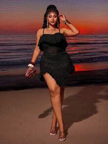 Maweii Women's Summer Adjustable Strap Neckline Ruffle Hem Lace Patchwork Plus Size Dress, Romantic Sexy Party Beach Vacation Casual Vacation Outfit Black - Black - View 4