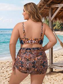 SHEIN CURVE+ Plus Size Women's Leopard Print Hollow Out Cami Swim Dress For Summer Beach - Brown - View 2