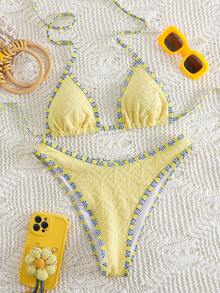 Bonvoyette Women's Summer Beach Vacation Yellow Special Textured Bikini Swimsuit Set - Yellow - View 6