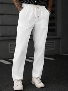 SLATEMANN Men's Solid Color Drawstring Waist Casual Versatile Daily Travel Long Pants - White - View 1