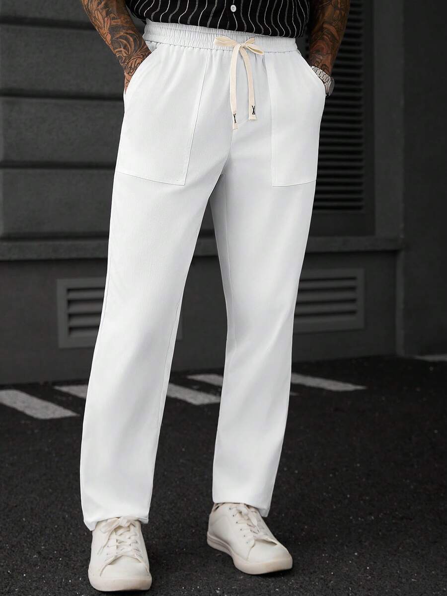SLATEMANN Men's Solid Color Drawstring Waist Casual Versatile Daily Travel Long Pants - White - View 1