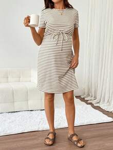 Slowluna Vestido de maternidad a rayas para lactancia, casual para uso diario y salidas - Albaricoque - Ver 6