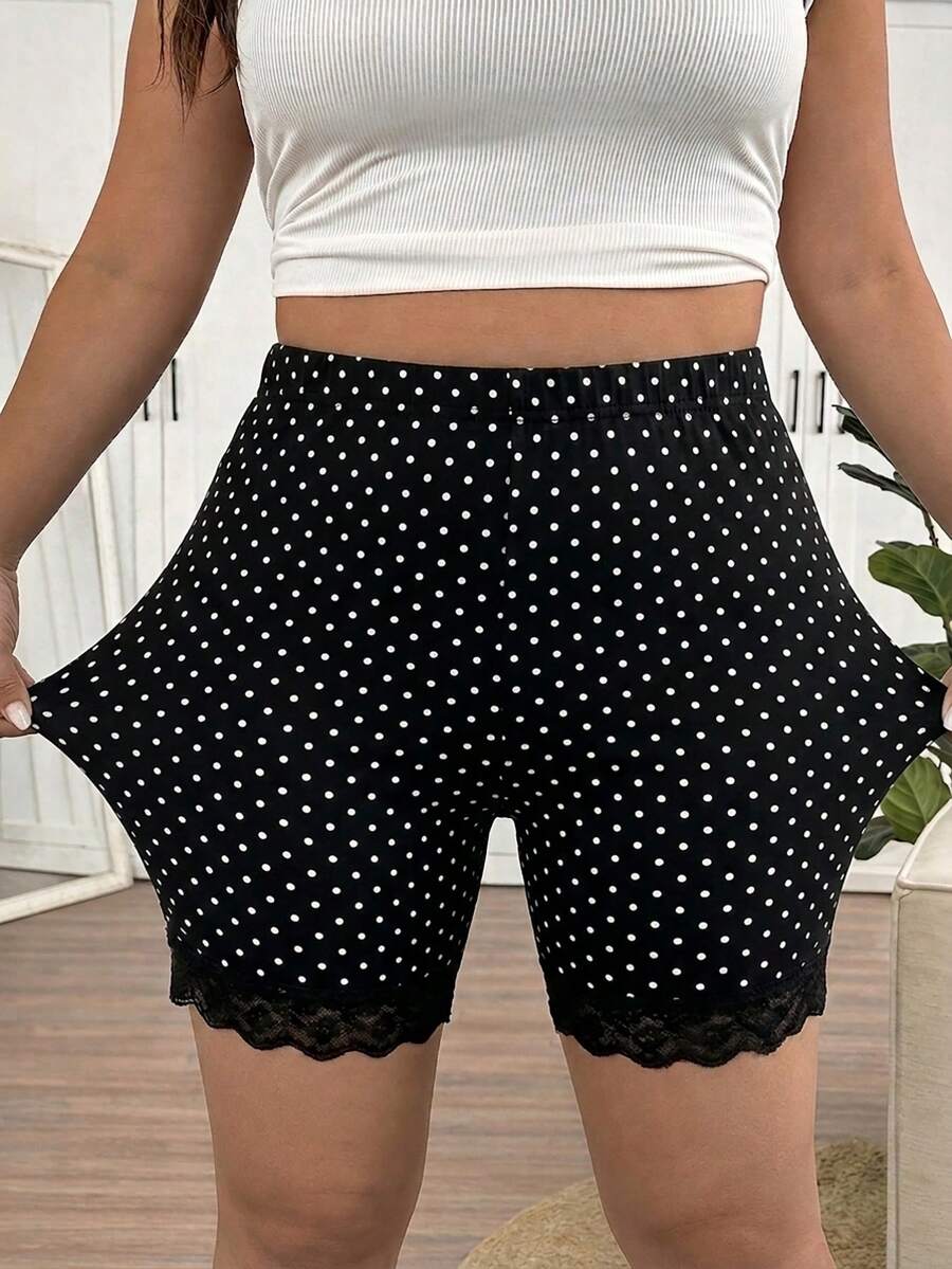 SHEIN Frenchy 大尺碼女款圓點印花對比蕾絲飾邊內搭短褲