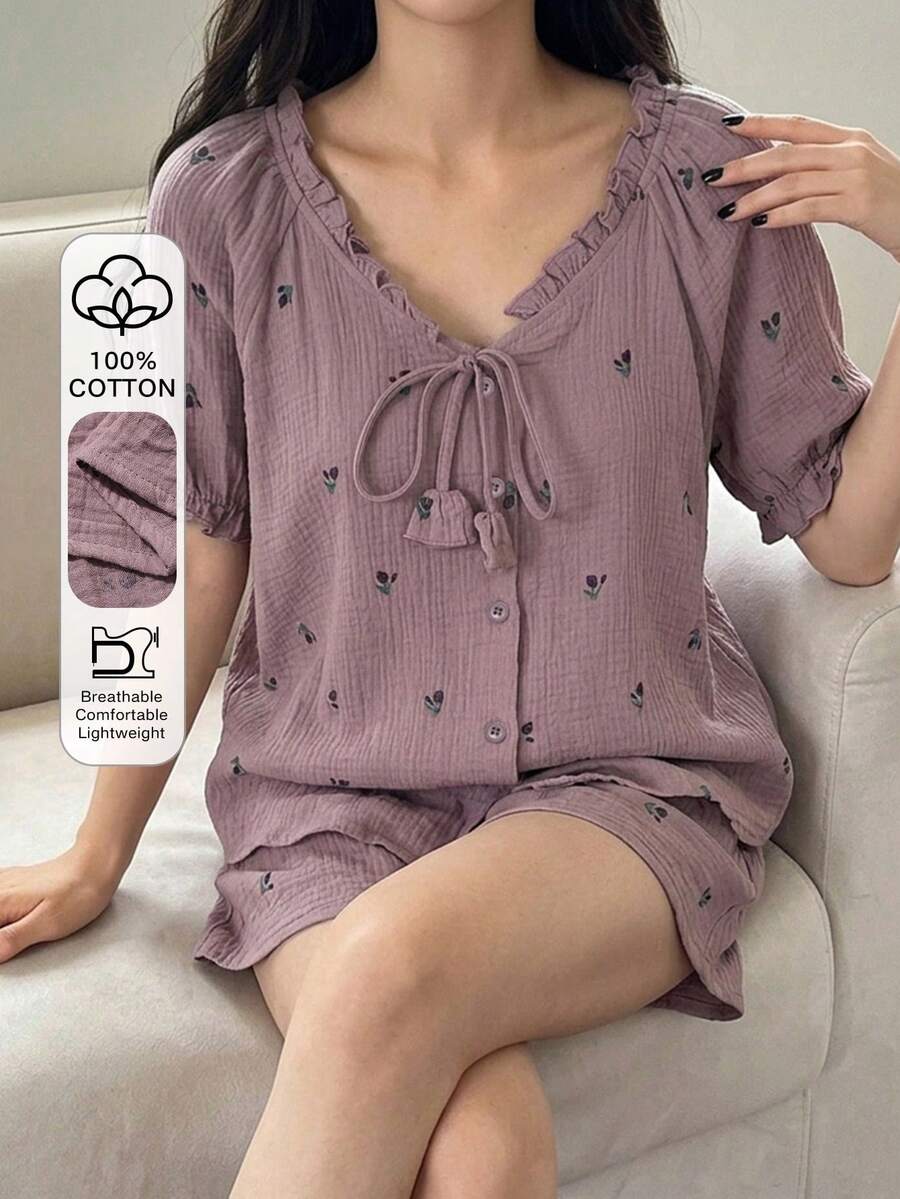 DAZY 女士多功能单排扣系带上衣和休闲短裤睡衣套装 - 紫色 - 查看 1