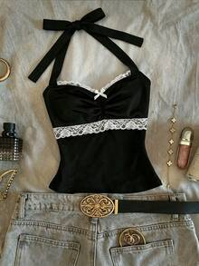 SHEIN Top de mujer con encaje, patchwork, contraste de color, cuello halter y espalda descubierta - Negro - Ver 5
