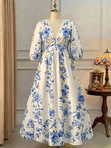 Rometta Women's Plus Size Deep Shirred Mid-Length Lantern Sleeve Cinched Waist Back Ruched Bow Tie Full Skirt Floral Print Beige Flower Long Dress - Blue - View 8