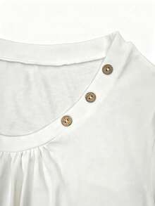 Balvessa White U-Neck Pleated Button Decor Casual Short Sleeve Women's T-Shirt - White - View 4