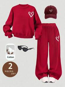 SHEIN Young Girl Knit Solid Color Heart Pattern Crew Neck Sweatshirt And Long Pants 2pcs Set - Red - View 3