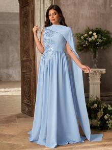 Aureia Vestido de noche elegante y romántico de talla grande, azul con lentejuelas, bordado, técnica de quemado, cuello redondo, sin mangas, cintura acampanada, bajo fruncido y holgado, adecuado para fiesta de noche, cita, baile, vacaciones, invitada de boda, vestido de gala con trabajo pesado - Celeste - Ver 12