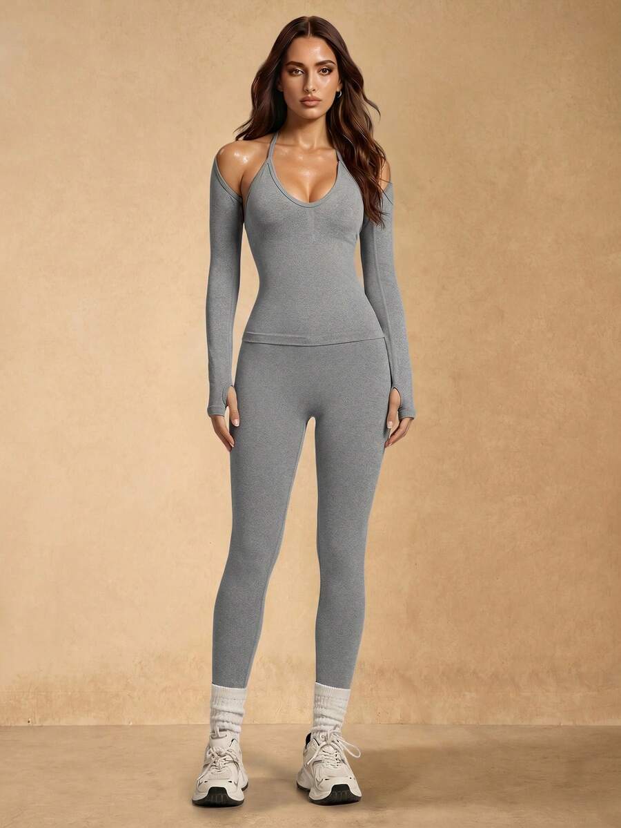 Silquee Women's Solid Color Halter Neck Tank Top And Leggings Sports Set Date Night Party Festival Victoria Secret - Grey - View 1