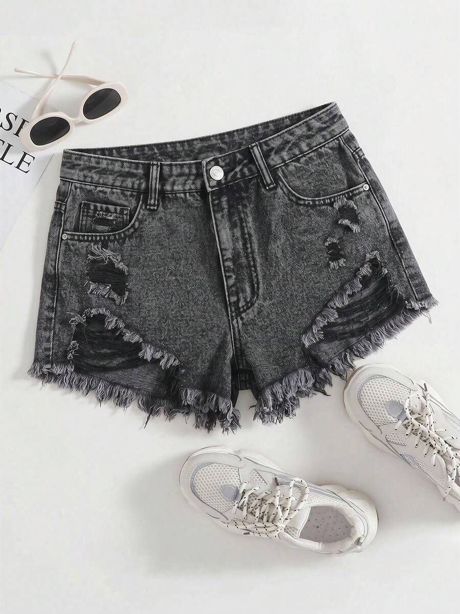 SHEIN EZwear 女款時尚毛邊破洞口袋鈕扣牛仔短褲，深灰色，適合城市度假、夜晚、夏季街頭風、休閒日常外出 - 灰色 - 查看 1