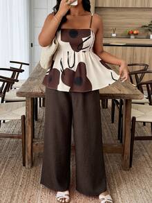 Weeklong Plus Size Women's Spring/Summer Spaghetti Strap Spaghetti Strap Top With Waist Cinched And Ruffle Hem, Matching Color-Block Casual Vacation Set - Multicolor - View 6