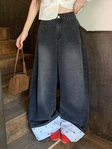 FRIFUL Celana Jeans Denim Wanita Kasual Serbaguna untuk Aktivitas Sehari-hari dengan Potongan Lebar dan Kantong - Hitam - View 5