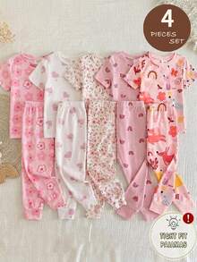 SHEIN LMoss Kids 少女針織花卉愛心圖案休閒簡約修身舒適圓領短袖T恤與長褲修身居家服，適合春夏，4件組 - 彩色 - 查看 3
