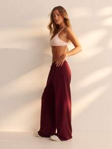 Aralina Women Loose Wide Leg Lounge Pants With Ruffled Elastic Waistband Gym Workout Summer Fall World Cup Watch Part - Burgundy - View 4
