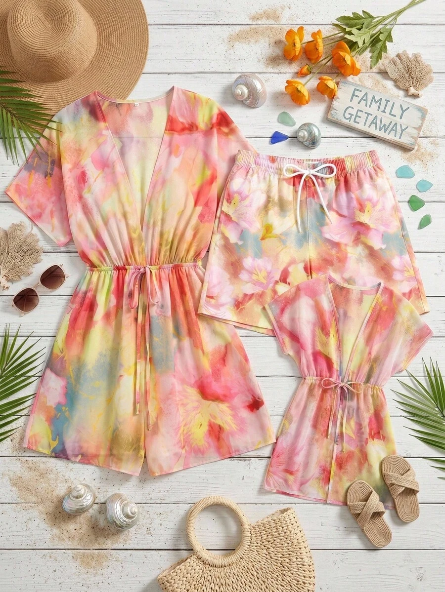 SHEIN 少女度假紮染印花腰繫帶和服式罩衫 - 彩色 - 查看 1