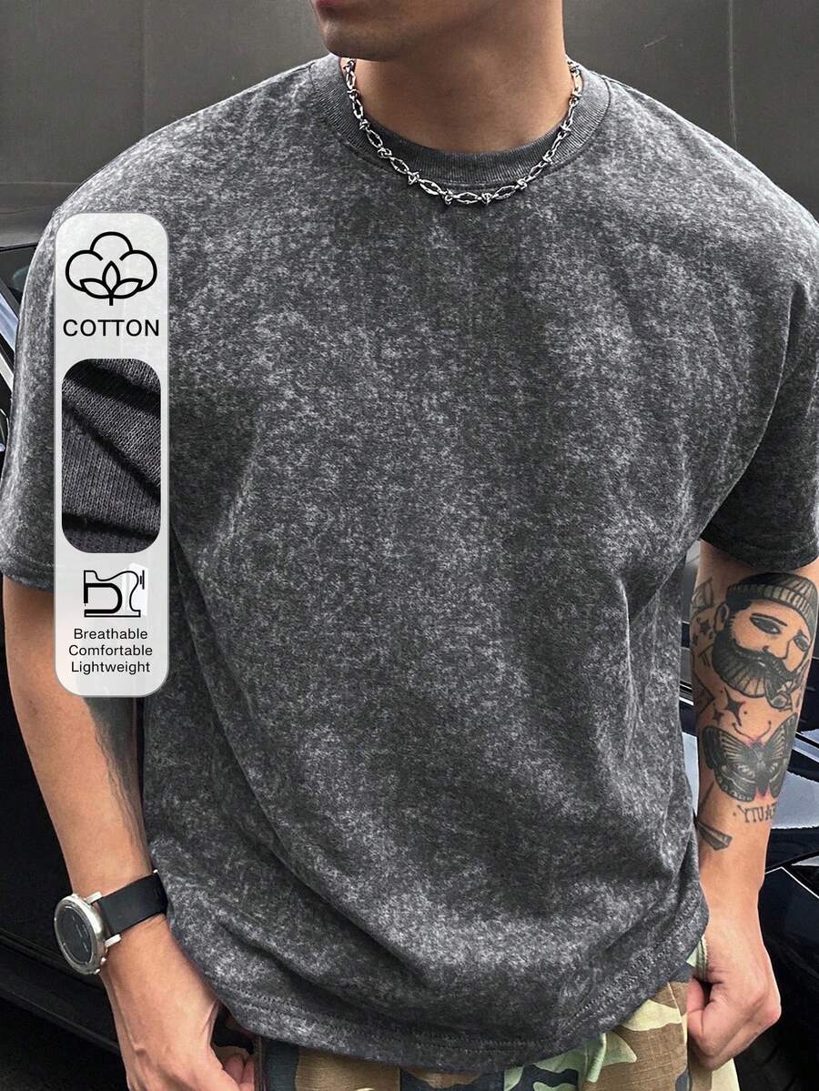 DAZY 男士純灰色短袖紋理水洗布料夏季T恤 - 灰色 - 查看 1