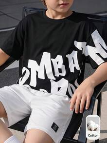 SHEIN 2件組 青少年男孩夏季休閒街頭風套裝，大字母圖案套頭T恤，純色寬鬆圓領短袖針織T恤與短褲套組 - 黑色 - 查看 6