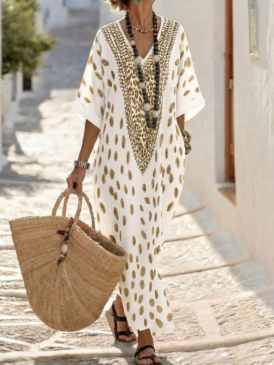 Breezaya Women's V-Neck Leopard Print Long Vacation Dress - Yellow - View 1