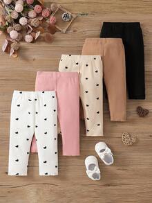 SHEIN Vintaside Kids 5件組女嬰可愛愛心緊身褲 柔軟舒適親膚彈性 秋冬時尚 黑白配色 休閒上學 秋冬款 - 彩色 - 查看 2