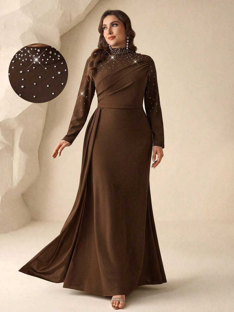 Coutiva 大尺碼女款珠飾裝飾立領長袖優雅正式晚禮服 - 棕色 - 查看 1