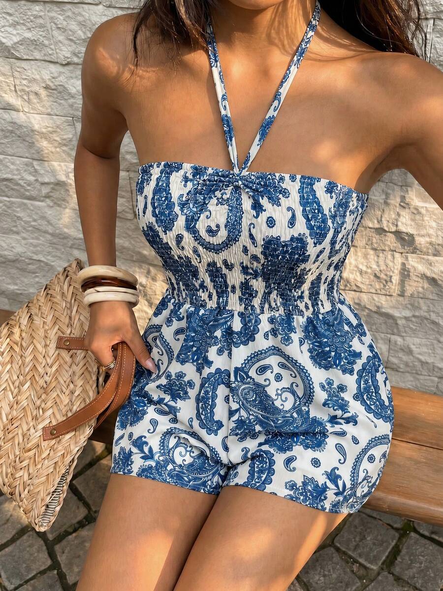 Sunnyshic Bộ áo liền quần dáng ôm, kiểu dáng thường ngày, họa tiết paisley, cổ yếm, thắt eo, thích hợp cho nữ đi biển, mùa xuân/hè. - Nhiều màu - Xem 1