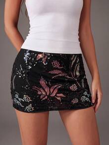 TRNVIE Women's Fashion Mini Floral Sequin Skirt - Black - View 4