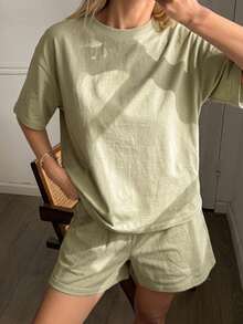 DAZY 夏季極簡全棉休閒短袖上衣與短褲2件套女款居家服睡衣套裝 - 綠色 - 查看 9